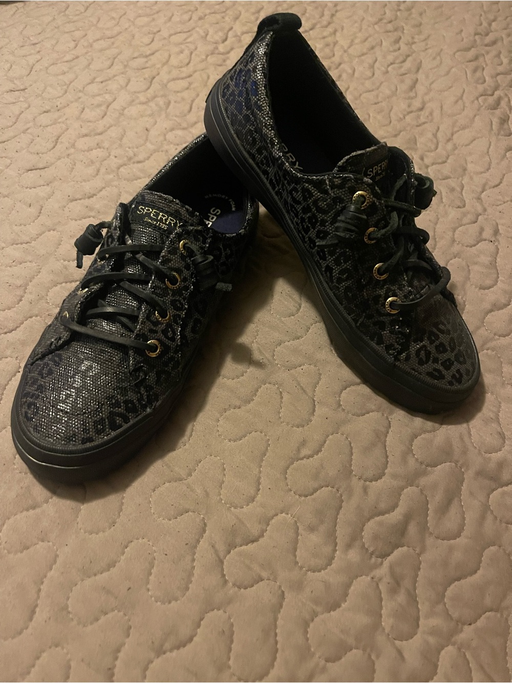 Sperry Women's Black Leopard-Print Leather Lace-Up Sneakers